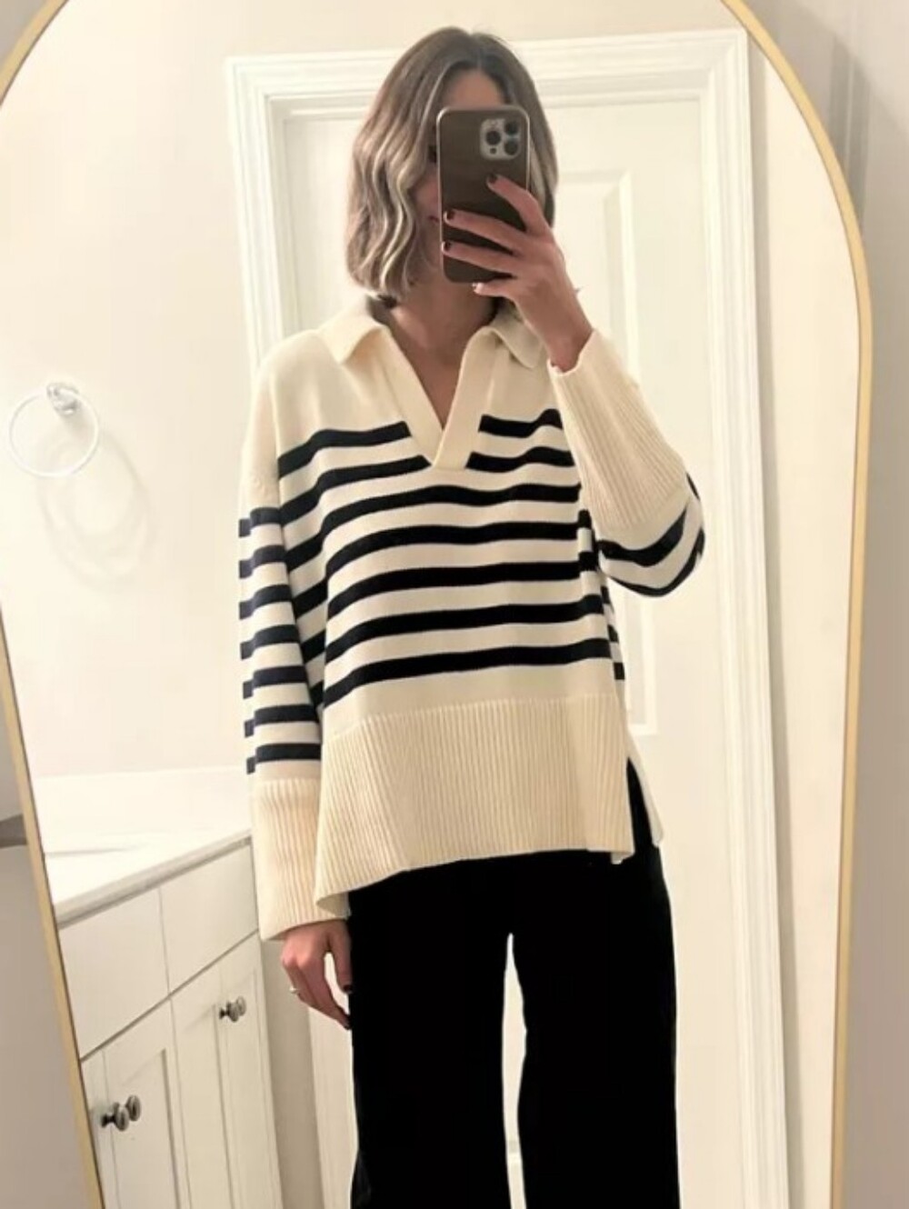 Cotton Striped V-Neck Collared Sweater
